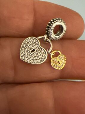 Sterling Silver Heart Lock Charm Dangle with Gold Accent